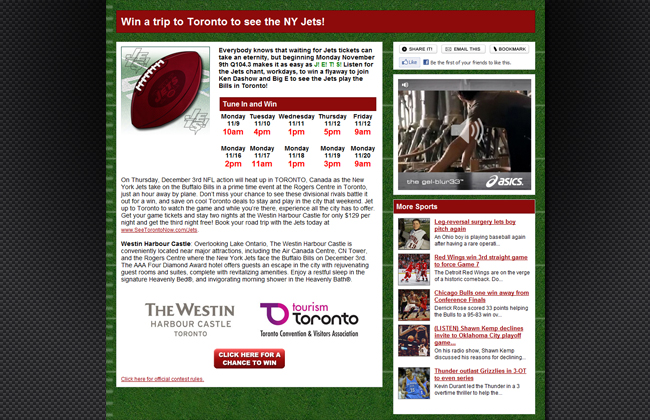 Win a trip to see the Jets in Toronto contest page